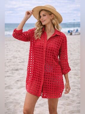 Adiva Red Eyelet Swim Cover Up Button Front Tunic Large Coastal Sheer Shirt